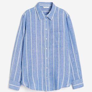H&M Blue & White Striped Long Sleeve Button Down 100% Linen Shirt
